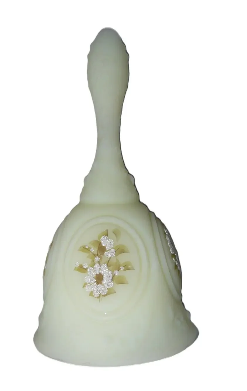 Vintage Fenton Uranium Glass Bell Clapper Hand-Painted Floral Signed S. Fisher